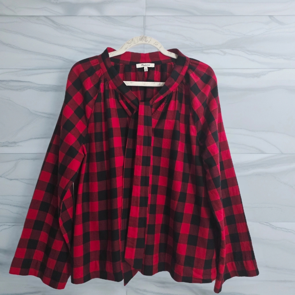 Madewell | Tie Neck Pullover Buffalo Check Blouse XL - Picture 2 of 6
